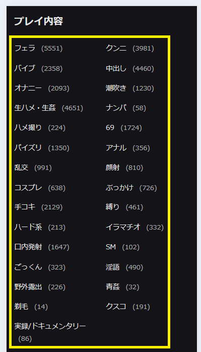 プレイ内容のカテゴリー